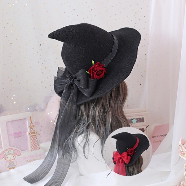 Halloween witch hat, Gothic magic costume accessories props vintage black lace big bow cosplay party wizard hat, Rose Flower Bowknot Ribbon