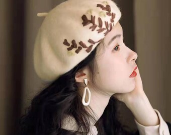 Embroidered wool beret hat, Spring fall winter beret for women girl, Handmade vintage french beret, painter berets, cute beret, gift for her