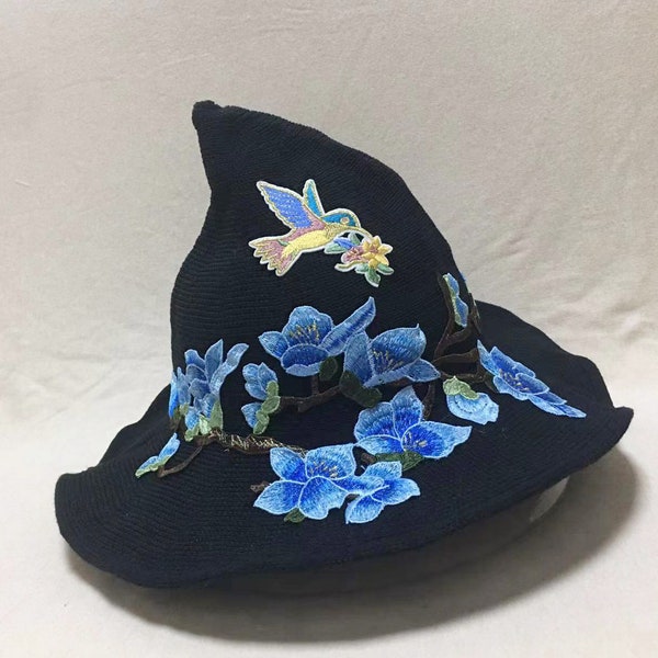 Sombrero de bruja de lana bordado vintage hecho a mano, sombrero de bruja pájaro, accesorios de traje de magia gótica accesorios de fiesta de cosplay vintage sombrero de mago negro