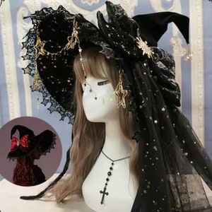 Halloween witch hat, Gothic magic costume accessories props vintage black lace big bow cosplay party wizard hat, wide brim bucket hat