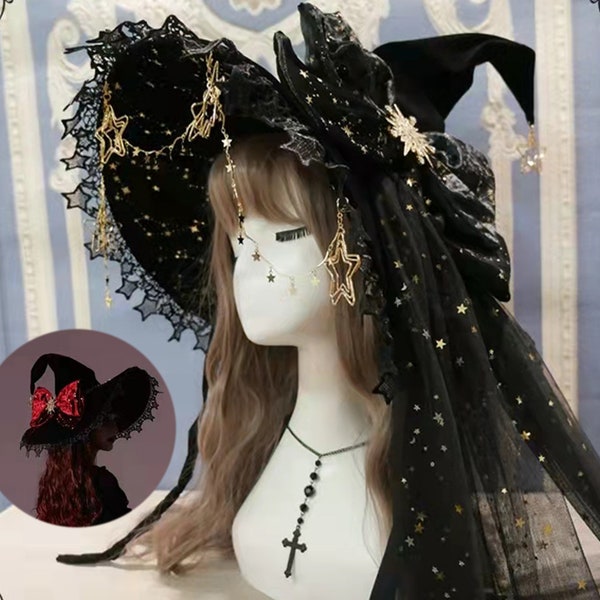 Halloween heksenhoed, gotische magische kostuumaccessoires rekwisieten vintage zwarte kant grote boog cosplay party tovenaarshoed, brede rand emmerhoed