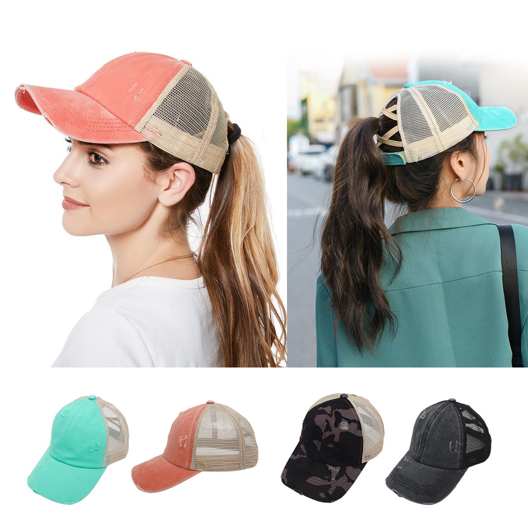 Criss Cross Ponytail Hat Distressed High Ponytail Hat Ball Etsy