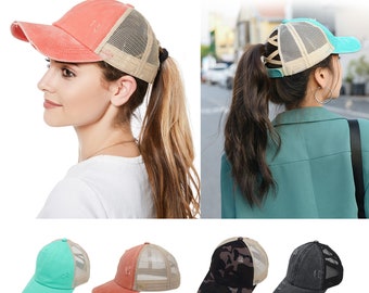 Criss cross ponytail hat, Distressed high ponytail hat, Ball cap, Unisex mesh sunhat，Washed denim baseball cap for men and women, Summer hat