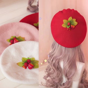 Strawberry beret, Cute fruit beret hat, Handmade vintage beret, Strawberry hat for woman, French beret, painter beret, mushroom beret