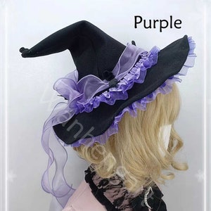 Halloween witch hat, Gothic magic costume accessories, child and adult vintage black lace bow cosplay party wizard hat, wide brim bucket hat