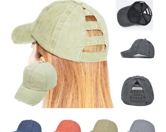 Ponytail Hat, Women Vintage Distressed Washed Cotton Baseball Cap, Solid Color Hollow Out Ladder Ponytail Hole Adjustable Snapback Hat