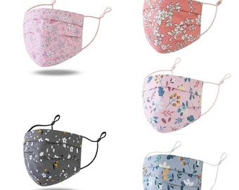Ladies Pleated Floral Face Mask Womens Washable Adjustable Covering Cotton Masks