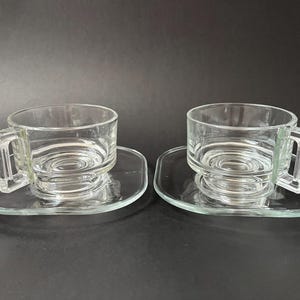 Set of 2 Vintage Joe Colombo Arno Clear Espresso Coffee Cups and Saucers - Mid Century Modern - Made in Italy