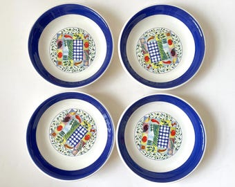 Set of 4 Vintage TRE CI Italy Coupe Pasta Soup Bowls Blue Rim Landscape Vegetable Pattern 8.25” Made in Italy
