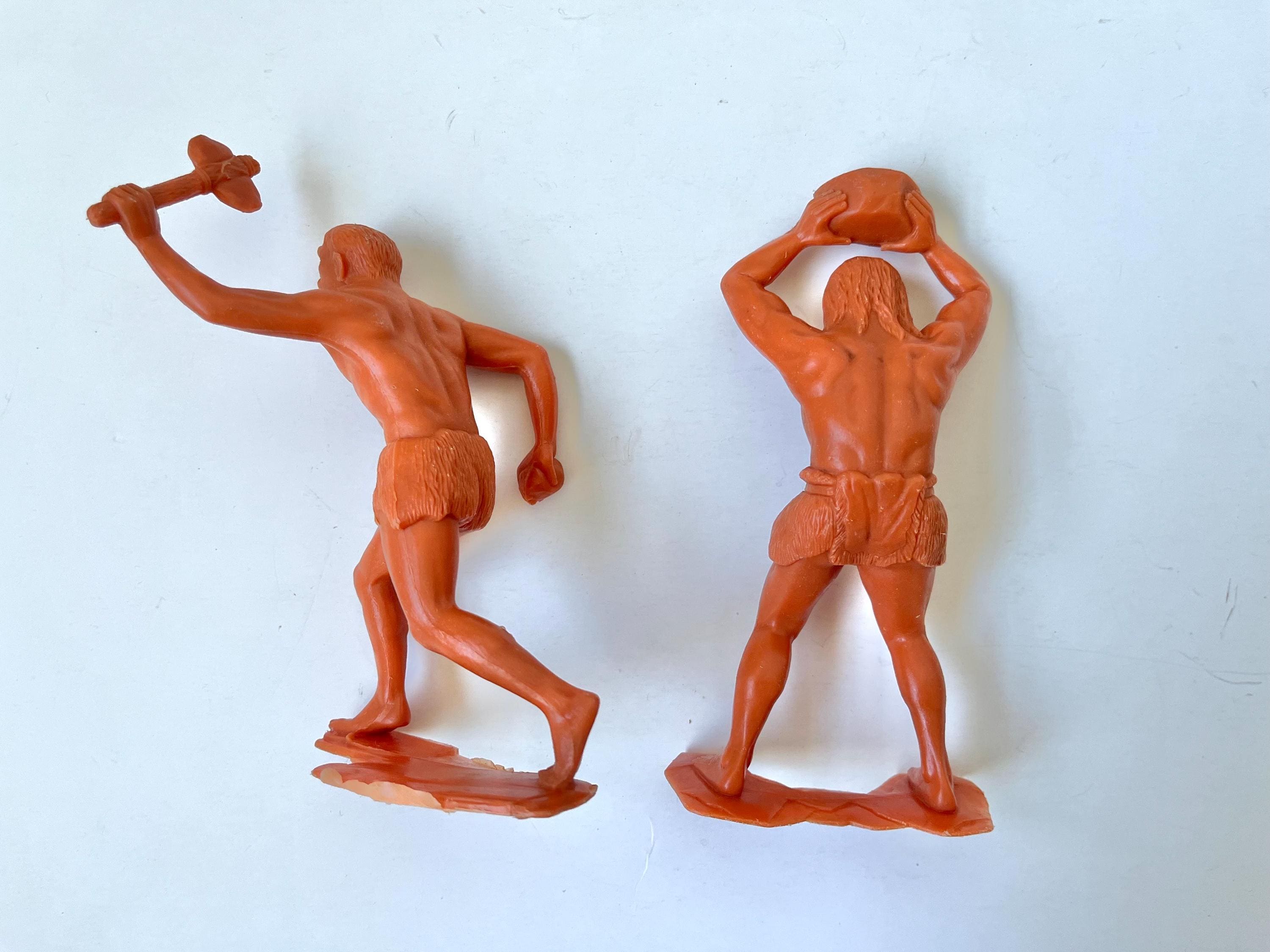 Set of 2 Vintage Louis Marx & Co. Caveman Figures – 1960s Orange