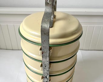 Vintage Kockums Sweden 5-tier Tiffin Cream and Green Enamel Mid