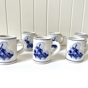 Set of 6 Miniature Delft Vintage Small Beer Tankards Steins - Hand Painted - Mini 2” Tall - White Blue - Made in Holland