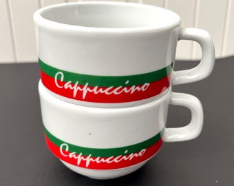 Juego de 2 tazas de café capuchino vintage - Estilo italiano con rayas rojas, verdes y blancas