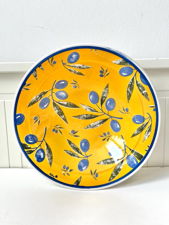 Vintage French Faience Olive Bowl Yellow Blue Ligne Hôtesse Palluy