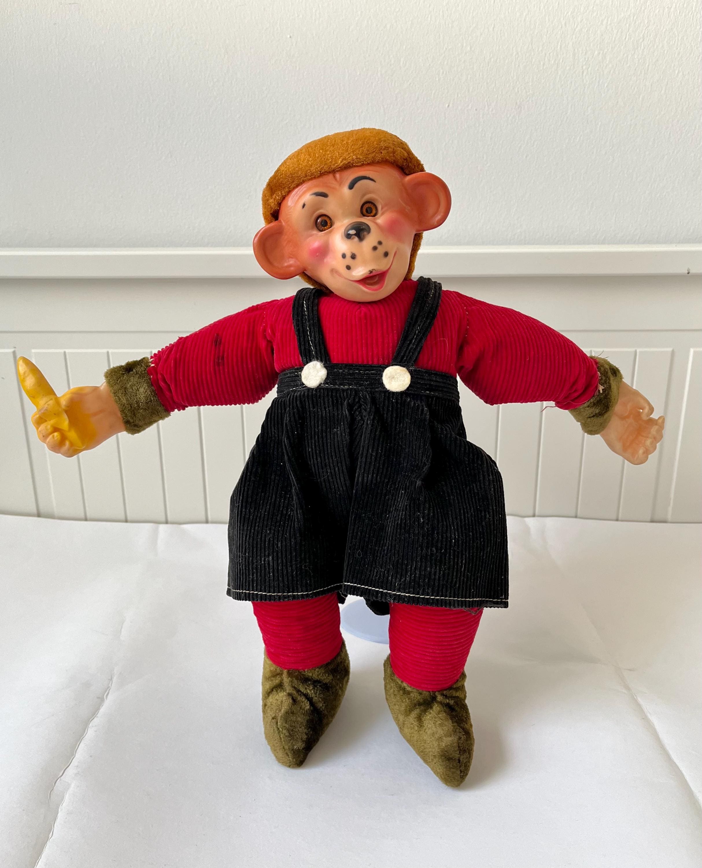 Vintage 14” Plush Monkey Doll With Rubber Face and Red