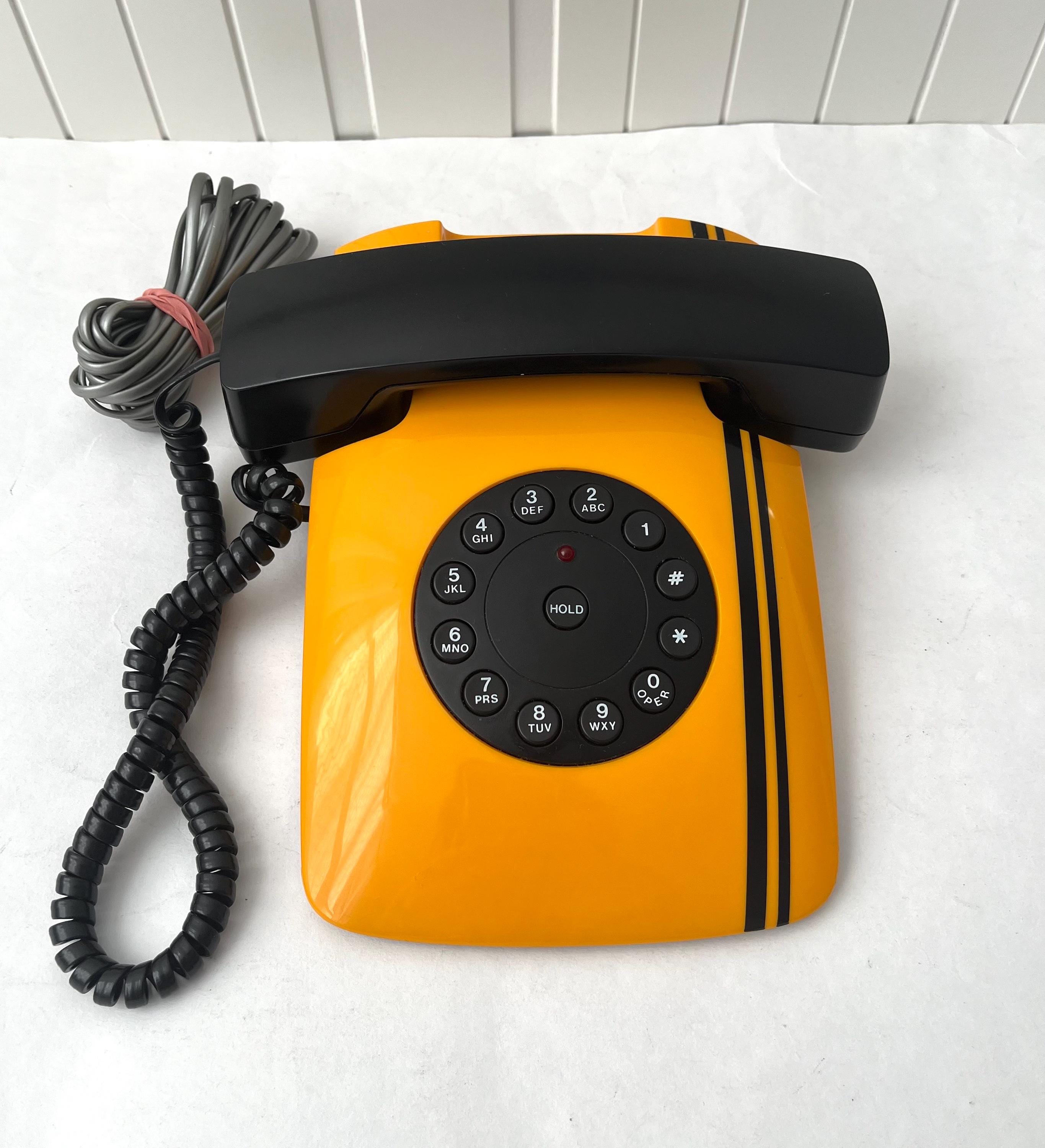 Vintage Telequest Grand Prix Phone 80s Yellow Black Stripe Corded