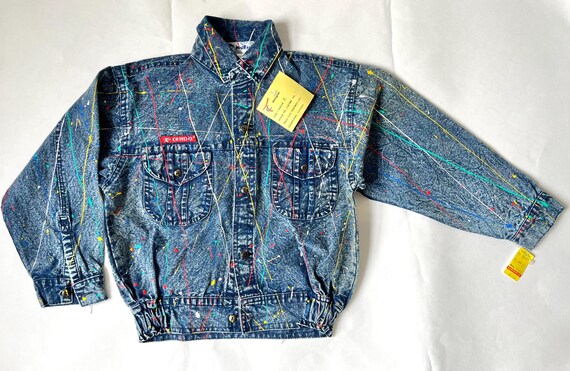 Vintage 80s Kids Size 2 Splatter Paint Denim Jean Jacket Shirt