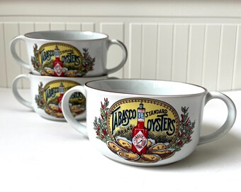3x Vintage Tabasco Oysters Gumbo Bowls - Tabasco Brand Seafood Stoneware Soup Bowls - Double Handle Oyster Label Kitchenware