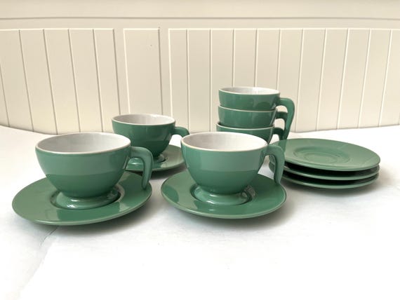Vintage Set mit 6 FACIX Grüne Keramik Espressotassen & Untertassen, inspiriertes Design der 1980er Jahre Mid Century