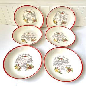 Könnte beinhalten: Sechs weiße Keramikschalen mit roten Rändern. Jede Schale hat ein anderes italienisches Pastarezept auf dem Boden in schwarzer und roter Schrift mit einem Blumendesign. Die Schalen sind in zwei Reihen zu je drei angeordnet.