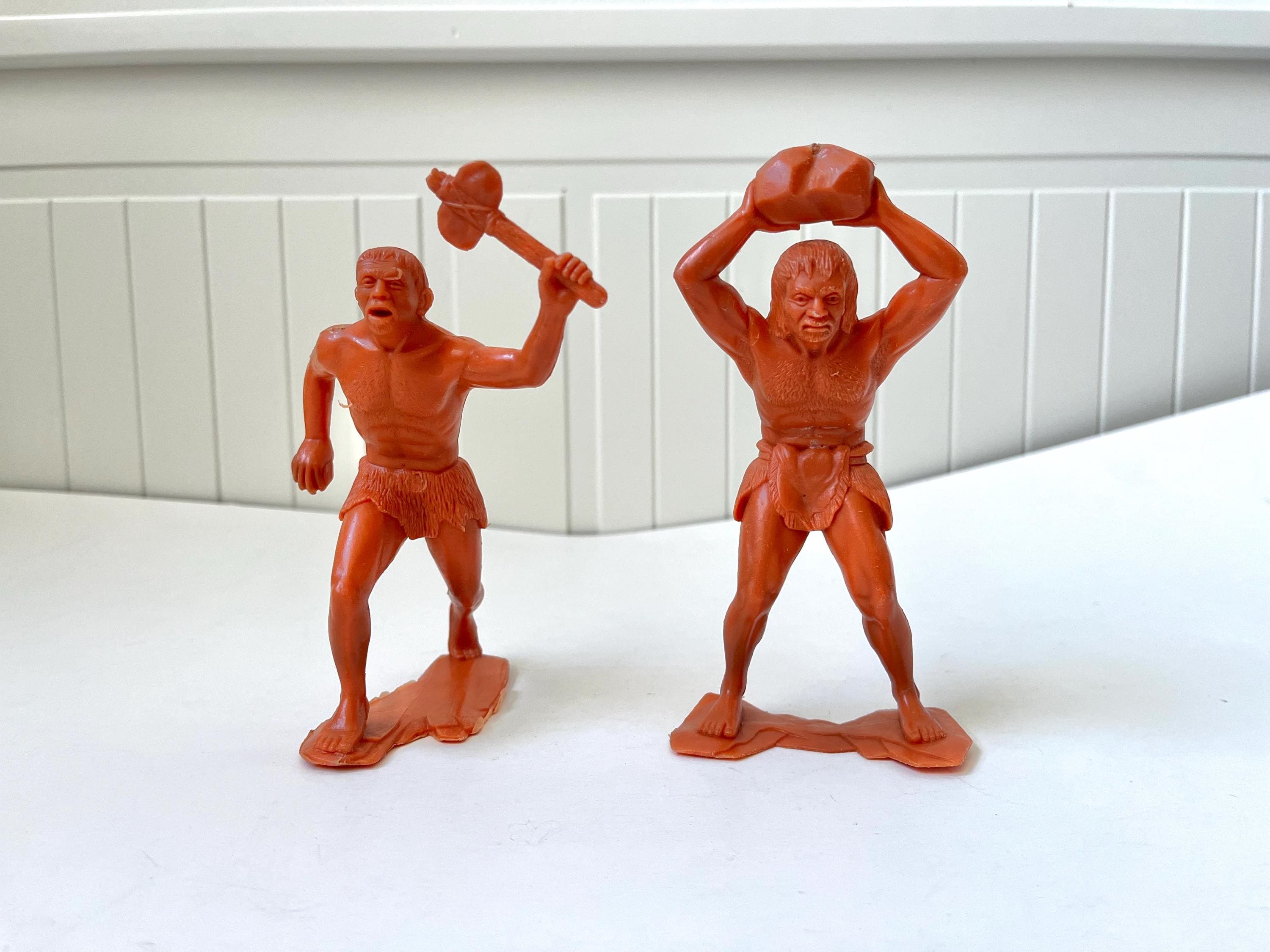 Set of 2 Vintage Louis Marx & Co. Caveman Figures – 1960s Orange
