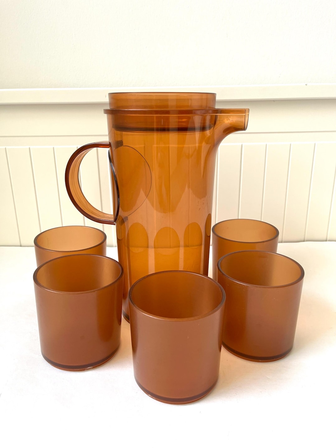 Vintage Dansk Designs Denmark Pitcher 2 Qt & 5 Glasses Plastic