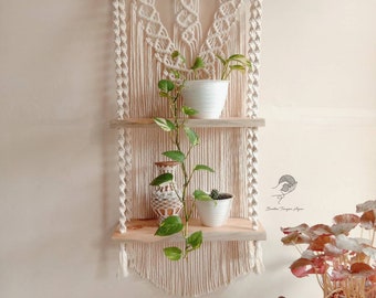 2 Tier Macrame Shelf Hanging, Macrame Shelves Hanger, Bohemian Wall Decor