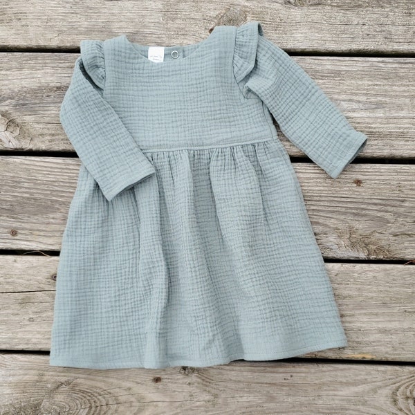 Sage Green Organic Cotton Gauze Baby Girl Dress with Ruffles - Long Sleeve Muslin Gauze Dress for Winter - Boho Toddler Dress - Baby Gift