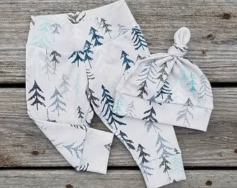 Forest Baby Boy Pants & Hat - Christmas Woodland Newborn Coming Home Outfit -Winter Baby Pants Set -Baby Shower Gift - Organic Baby Leggings