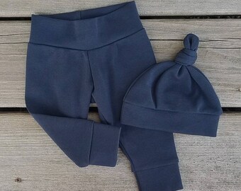 Navy Blue Baby Boy Pants and Hat - Organic Newborn Coming Home Outfit - Dark Blue Baby Joggers - Baby Shower Gift - Newborn Infant Outfit