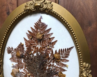 Large Vintage Dried Floral Art - Fern/Florals in Antique Oval Gold Frame - Convex Glass