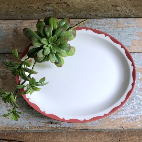 Large White Platter with Scalloped Brick Red Pattern - Mayer China - Restaurant Ware