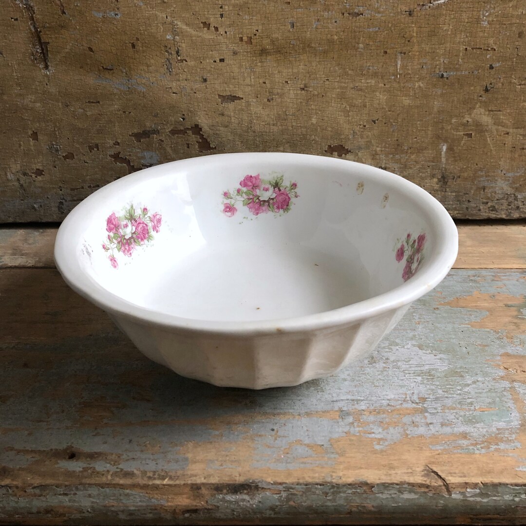 White Ironstone Fluted Bowl Pink Rose Design Warranted Ironstone China