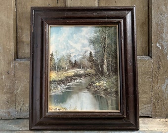 Framed Vintage Landscape Print - Muted Colors - Stream in Wilderness Scene - Solid Wood Frame