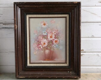 Vintage Floral Oil Painting in light shades of gold, pink and blue