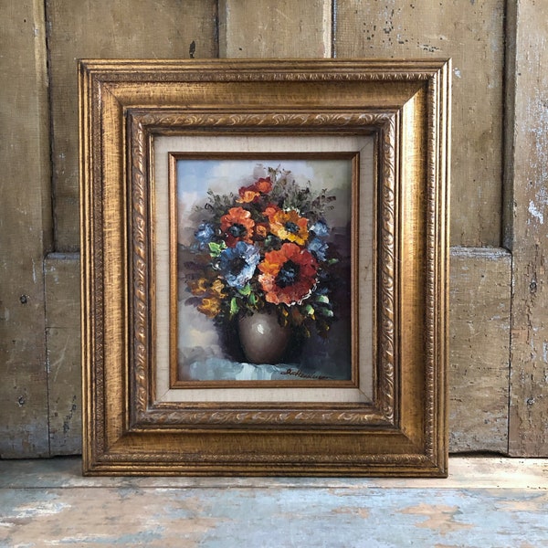 Vintage Floral Still Life - Oil Painting on Canvas - Ornate Gold Frame - Poppies in Crock - Vintage Framed Oil - Artistic Interiors