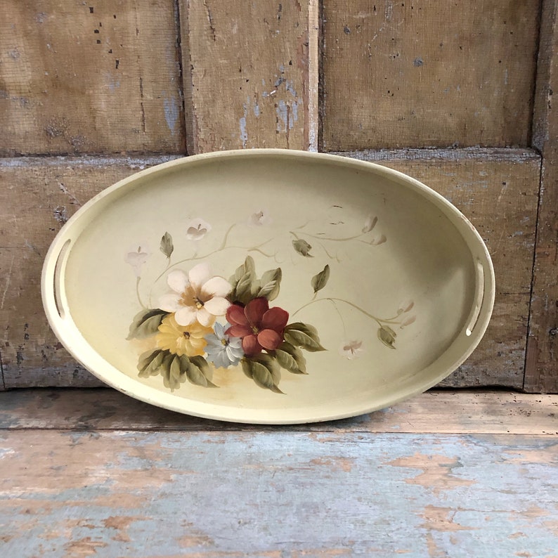 Beautiful Vintage Oval Hand Painted Tray With Handles Etsy
