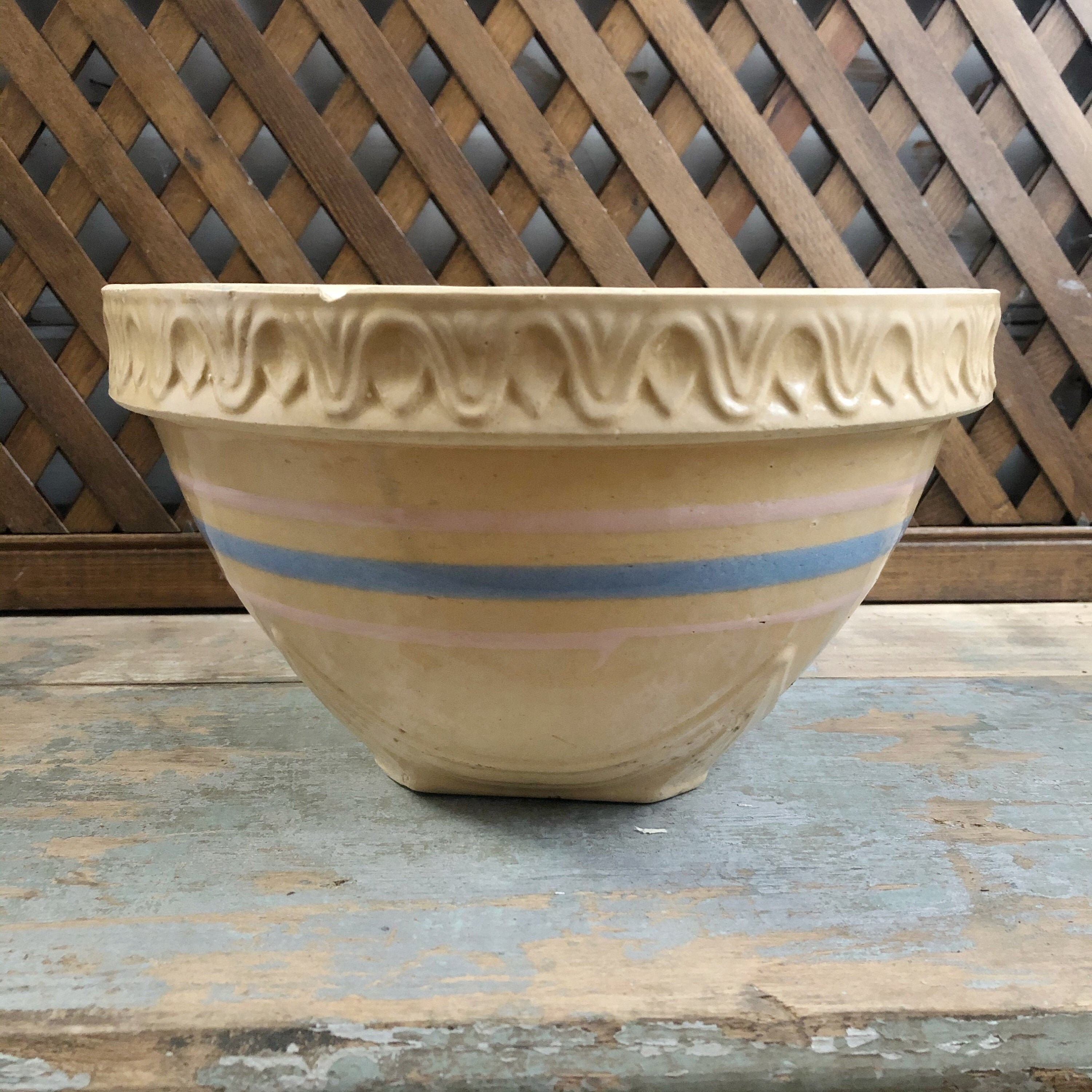 Vintage Yellow Ware Bowl with Blue and Pink Stripes Etsy