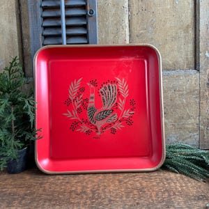Vintage Red Metal Serving Tray - Red Square Tray with Gold border - Maxey Peacock Design - Serving Tray - A Gift from Hathaways Label