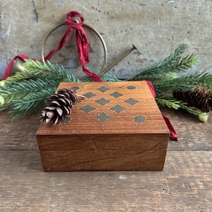 Wood Box with Brass Inlay - Diamond Pattern - Handcrafted Wood Trinket Box - Made in India - Vintage Lidded Wood Box - Archana Handcrafts