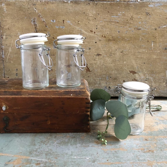 Small Apothecary Spice Jar With Hinged White Ceramic Lid 