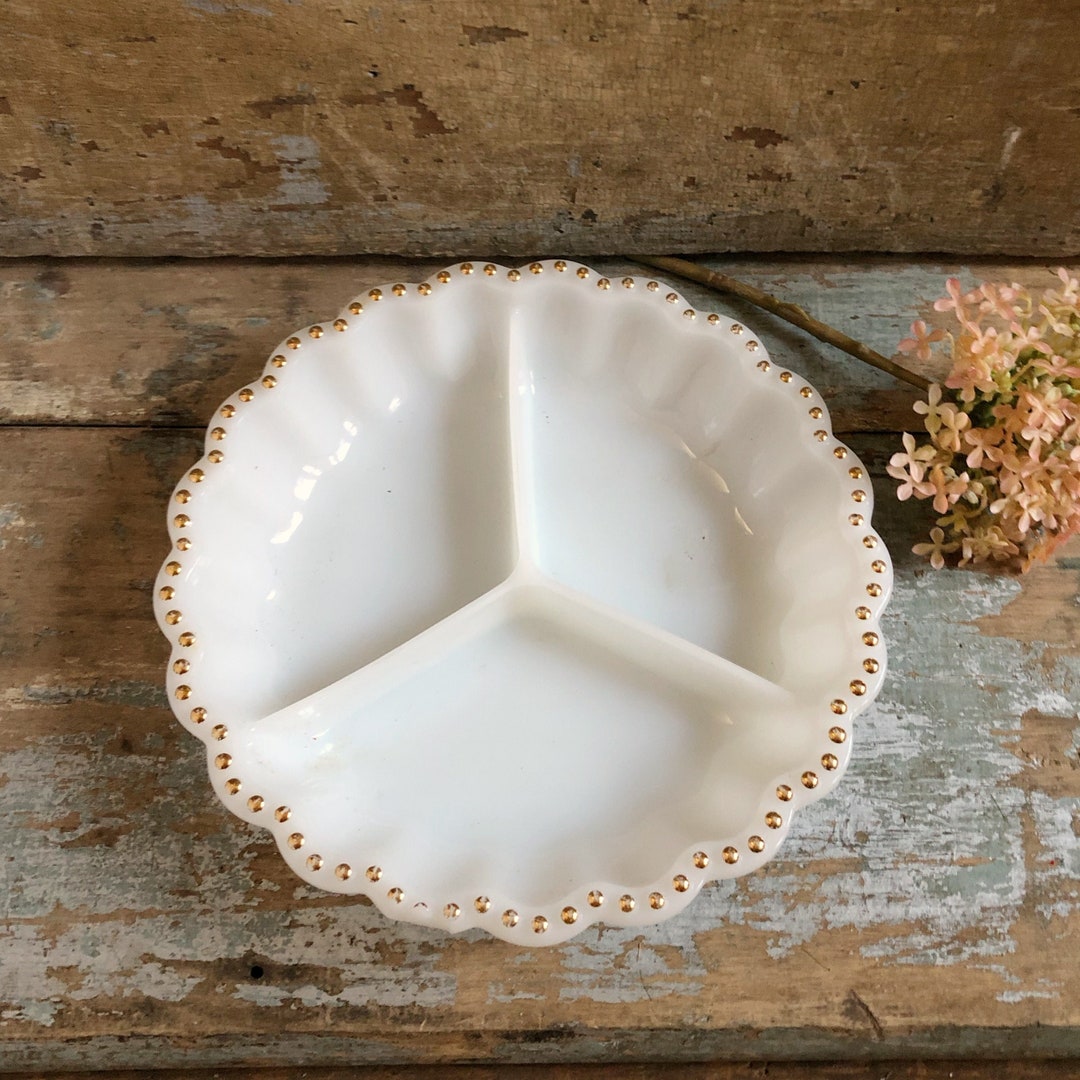 Vintage Divided Milk Glass Serving Dish With Gold Hobnail Edge Etsy