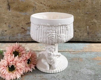 Vintage Cherub Pedestal Bowl - Matte White Glaze - Ceramic Compote Bowl