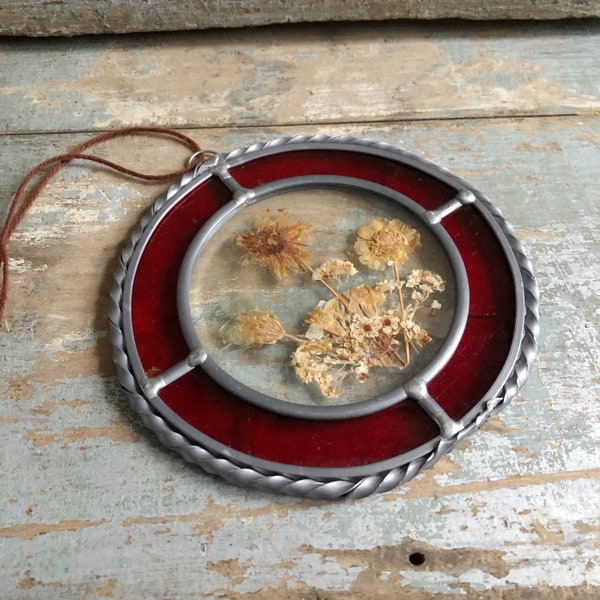 Leaded Glass Light Catcher with Dried Flowers