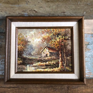Vintage Oil Painting - Wood and Canvas Frame -Fall Landscape - Stream - Mountains - Cottage in Woods - Gallery wall Painting