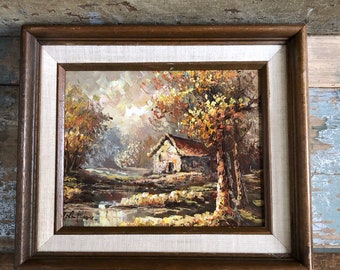 Vintage Oil Painting - Wood and Canvas Frame -Fall Landscape - Stream - Mountains - Cottage in Woods - Gallery wall Painting