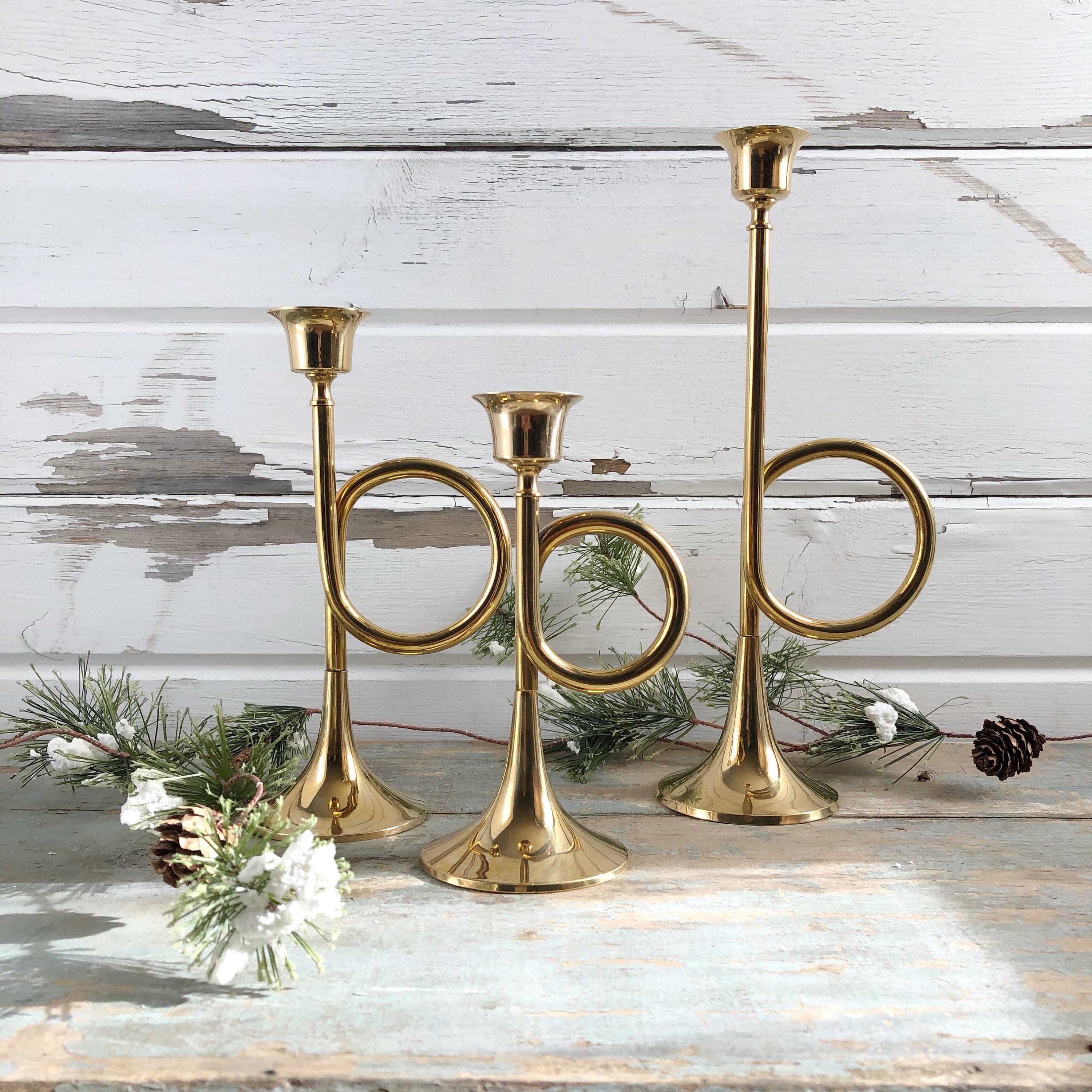 Solid Brass Horn Candle Holders Set of 3 Etsy