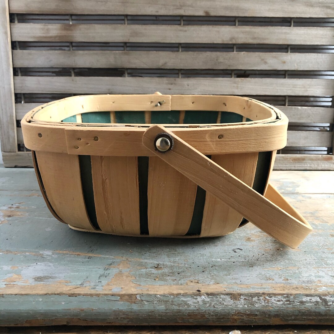 Vintage Green and Wood Slat Basket With Handle Etsy