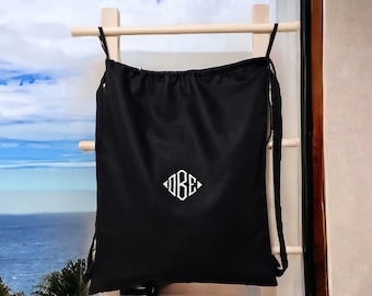 Custom monogram embroidered backpack laundry bag linen/ Personalized Wedding travel gift for her/ him/ Hotel laundry bag/ College dorm