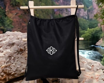 Linen backpack laundry bag 3 letter custom monogram embroidered/ Personalized Bride/ Groom Wedding gift for travel/ Hotel laundry bag